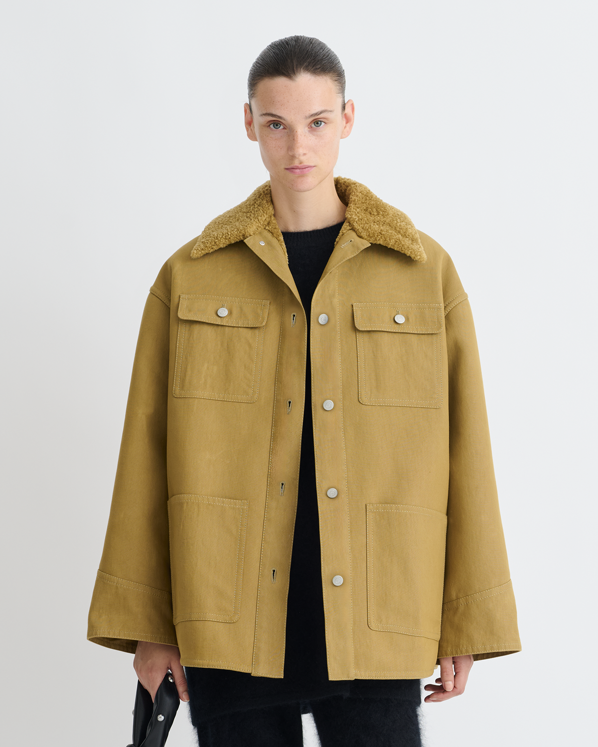 Zonta Wax Cotton and Faux Shearling Jacket - Yellow Khaki | Nanushka