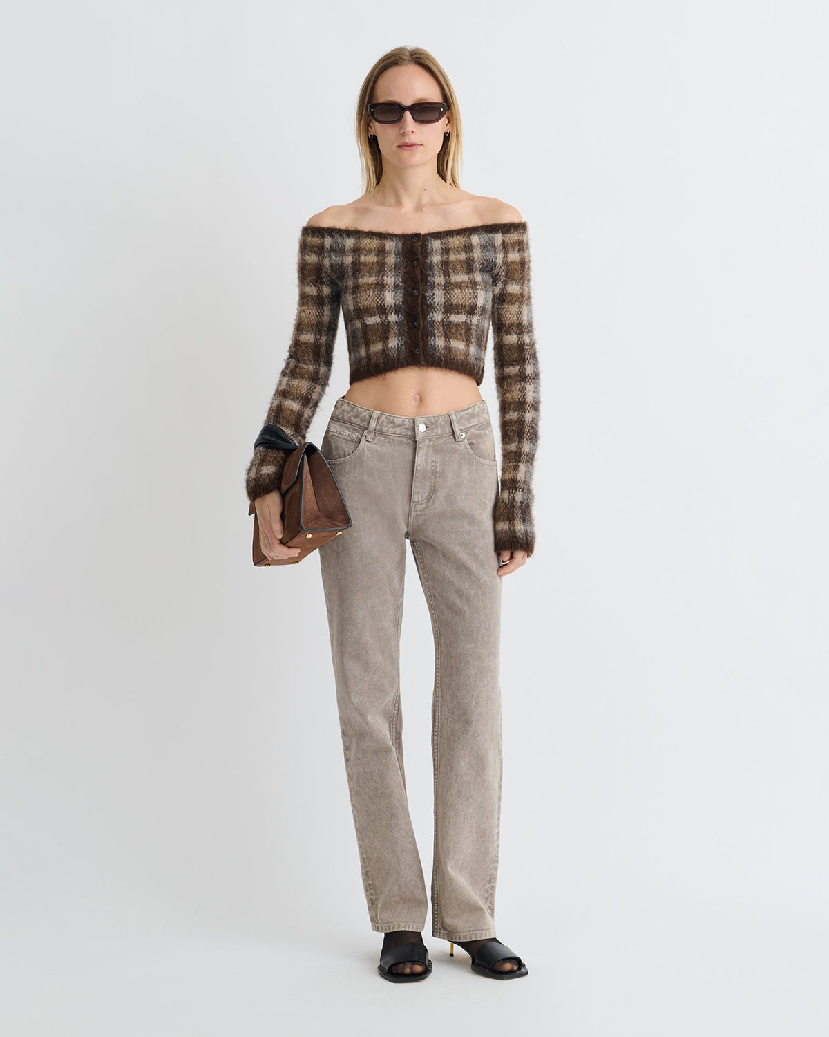Liliah Brushed Alpaca Cardigan - Brown/Creme Check | Nanushka
