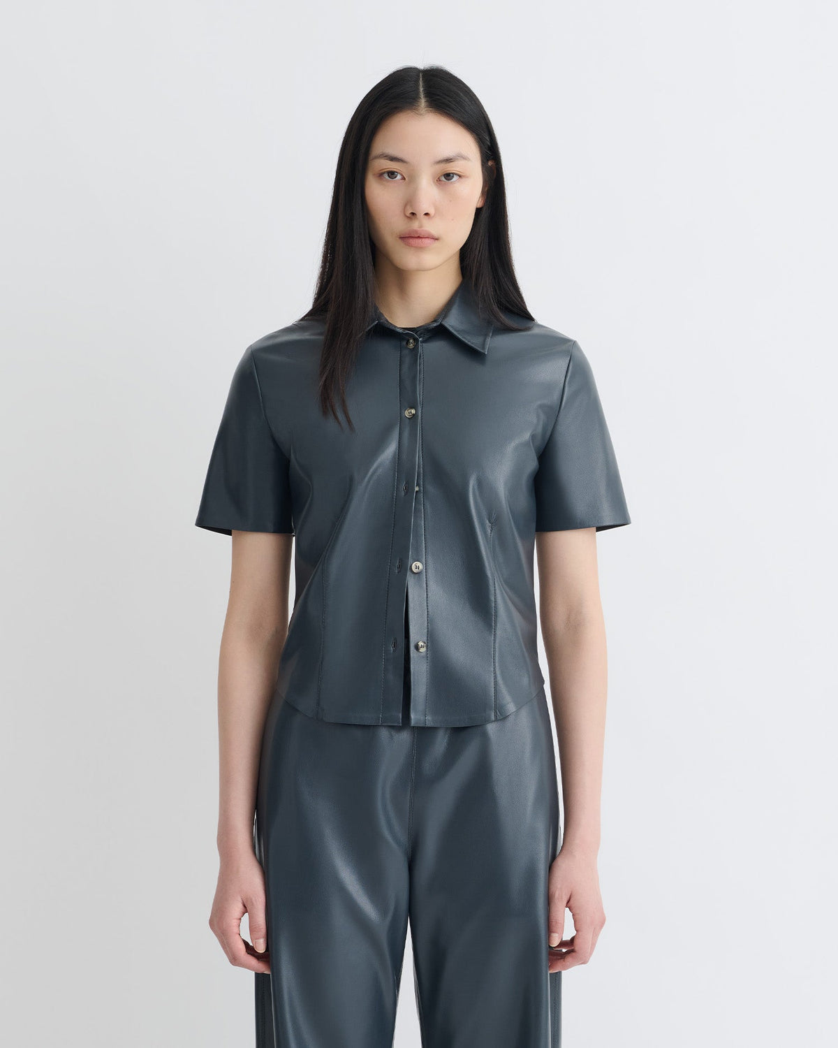 Clare Okobor™Alt-Leather Shirt - Steel Blue | Nanushka