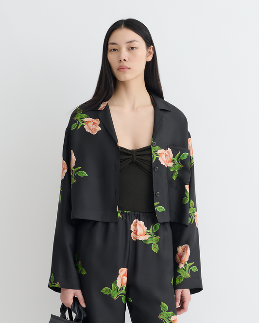Vally Cropped Silk Twill Shirt - Off Black/Roses | Nanushka