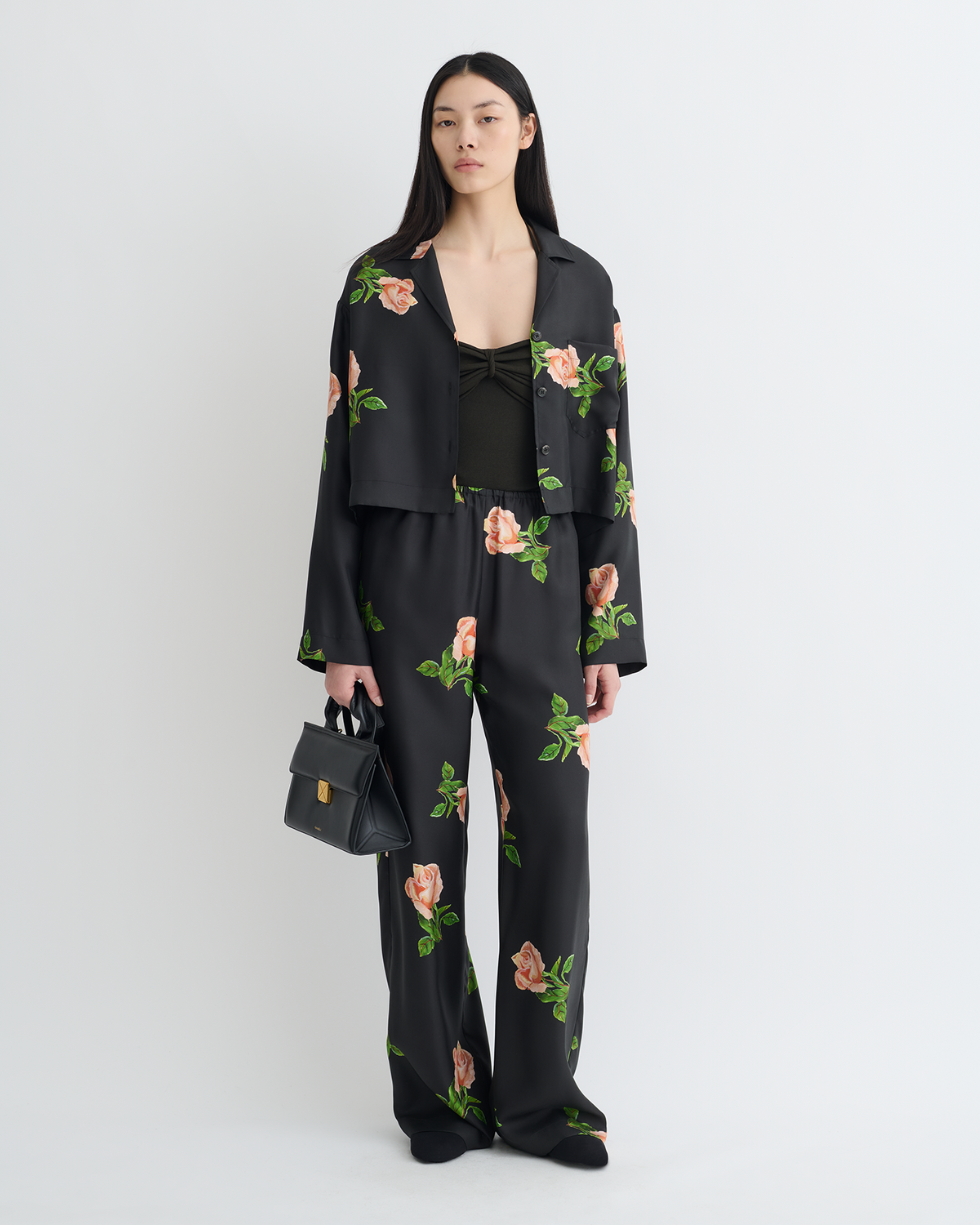 Vally Cropped Silk Twill Shirt - Off Black/Roses | Nanushka