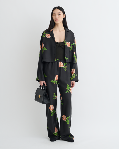 Vally Cropped Silk Twill Shirt - Off Black/Roses | Nanushka