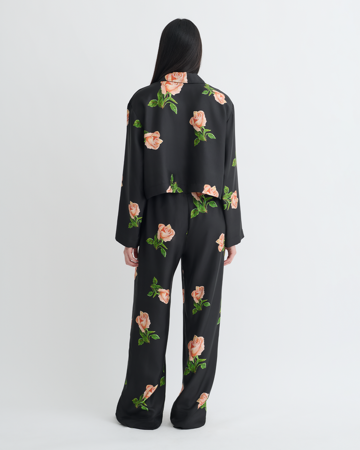Vally Cropped Silk Twill Shirt - Off Black/Roses | Nanushka
