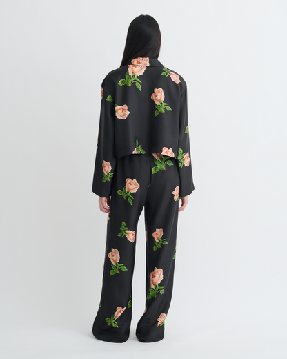 Vally Cropped Silk Twill Shirt - Off Black/Roses | Nanushka
