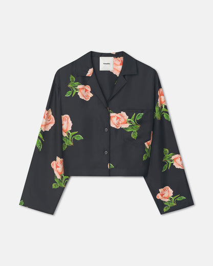 Vally Cropped Silk Twill Shirt - Off Black/Roses | Nanushka