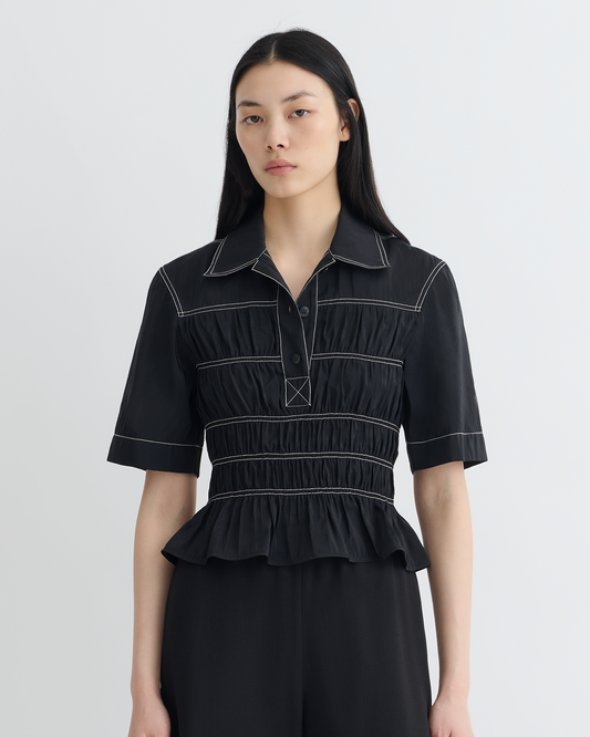Nairi Smocked Glass Poplin Shirt - Black | Nanushka