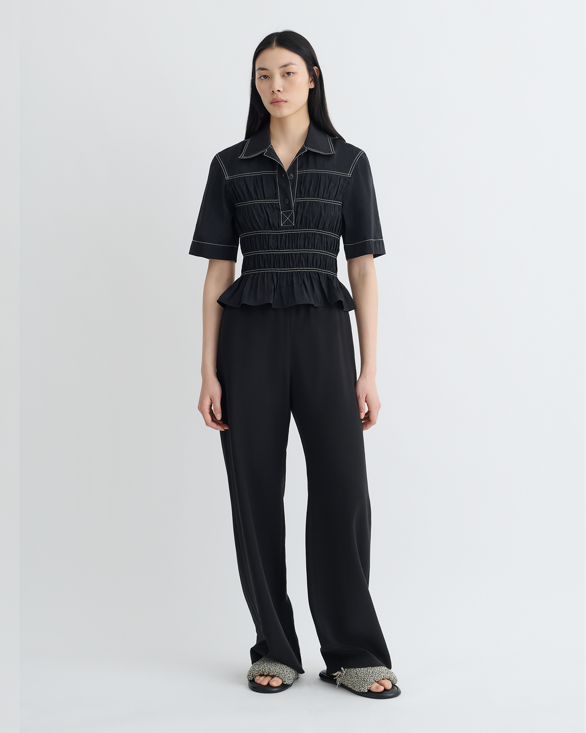 Nairi Smocked Glass Poplin Shirt - Black | Nanushka