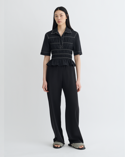 Nairi Smocked Glass Poplin Shirt - Black | Nanushka