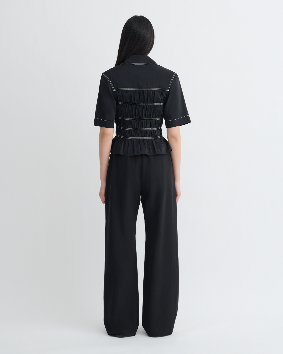 Nairi Smocked Glass Poplin Shirt - Black | Nanushka