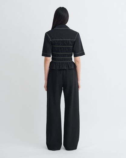 Nairi Smocked Glass Poplin Shirt - Black | Nanushka