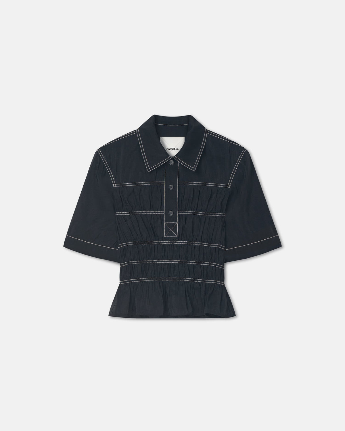 Nairi Smocked Glass Poplin Shirt - Black | Nanushka