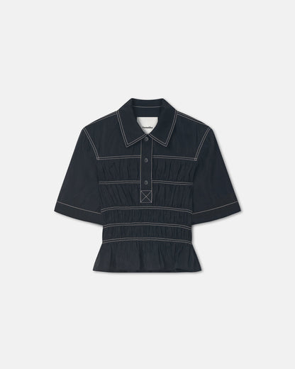 Nairi Smocked Glass Poplin Shirt - Black | Nanushka