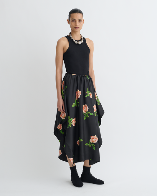 Ilariah Printed Silk Twill Midi Skirt - Off Black/Roses | Nanushka
