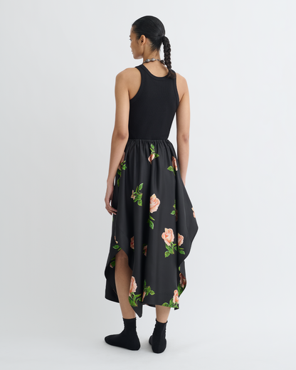 Ilariah Printed Silk Twill Midi Skirt - Off Black/Roses | Nanushka