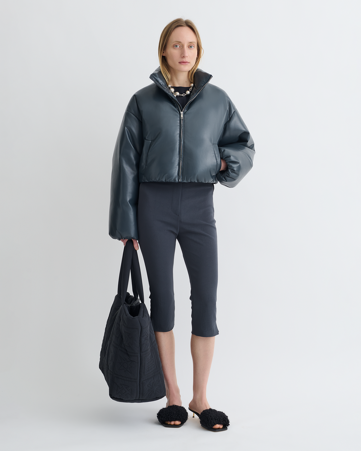 Lilima Cropped Okobor™ Alt-Leather Puffer Jacket - Steel Blue | Nanushka