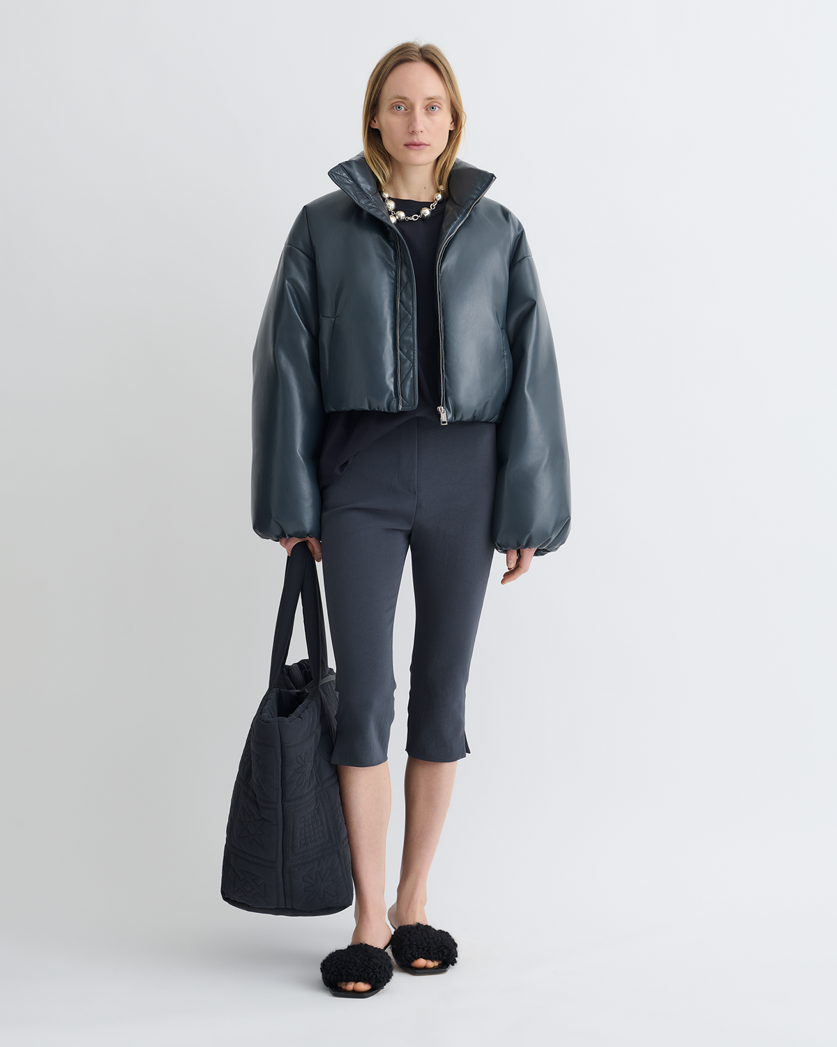 Lilima Cropped Okobor™ Alt-Leather Puffer Jacket - Steel Blue | Nanushka
