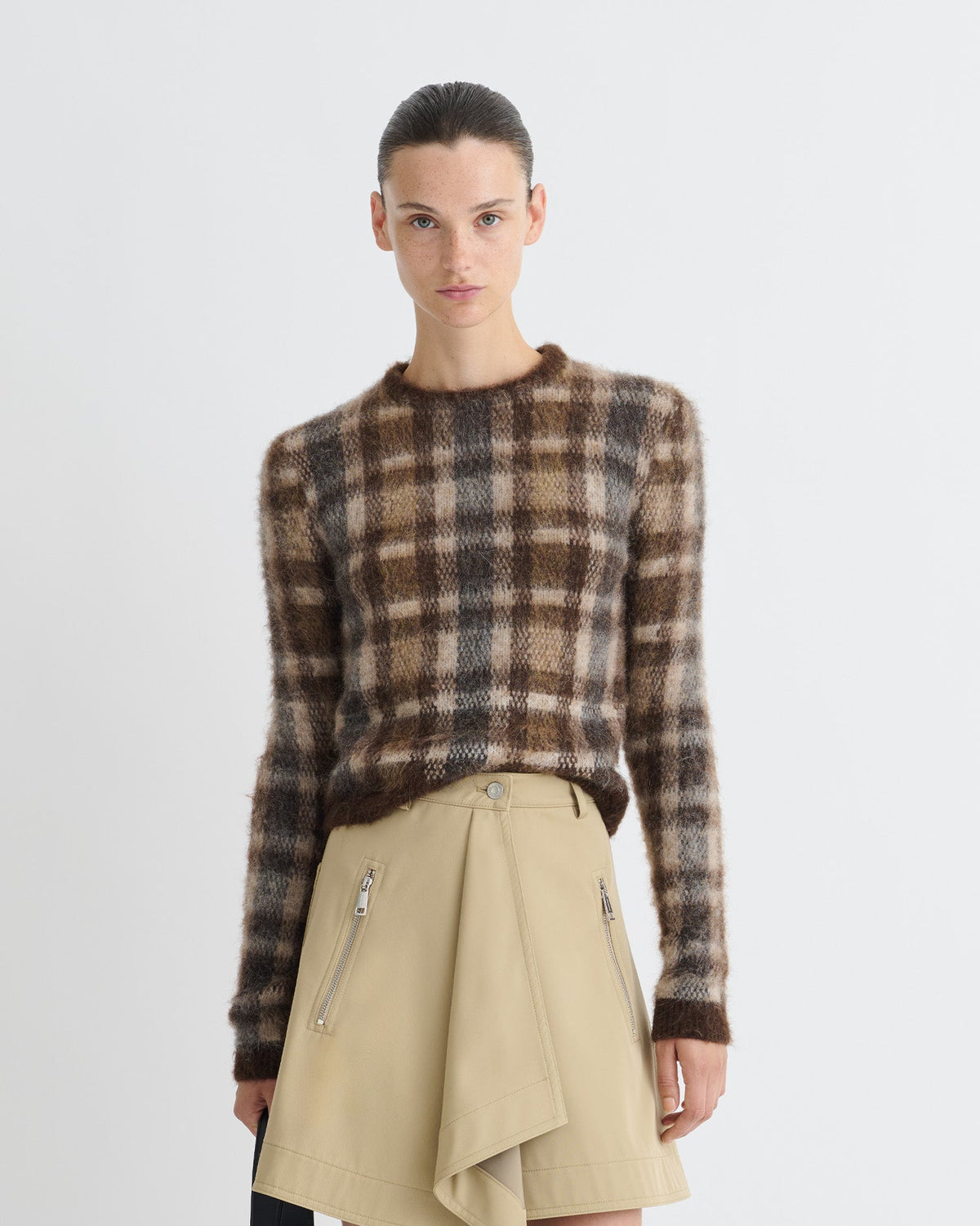 Farica Brushed Alpaca Sweater - Brown/Creme Check | Nanushka