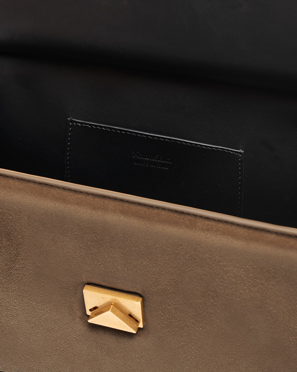 The SANDI Lock Top handle bag - Brown Suede | Nanushka
