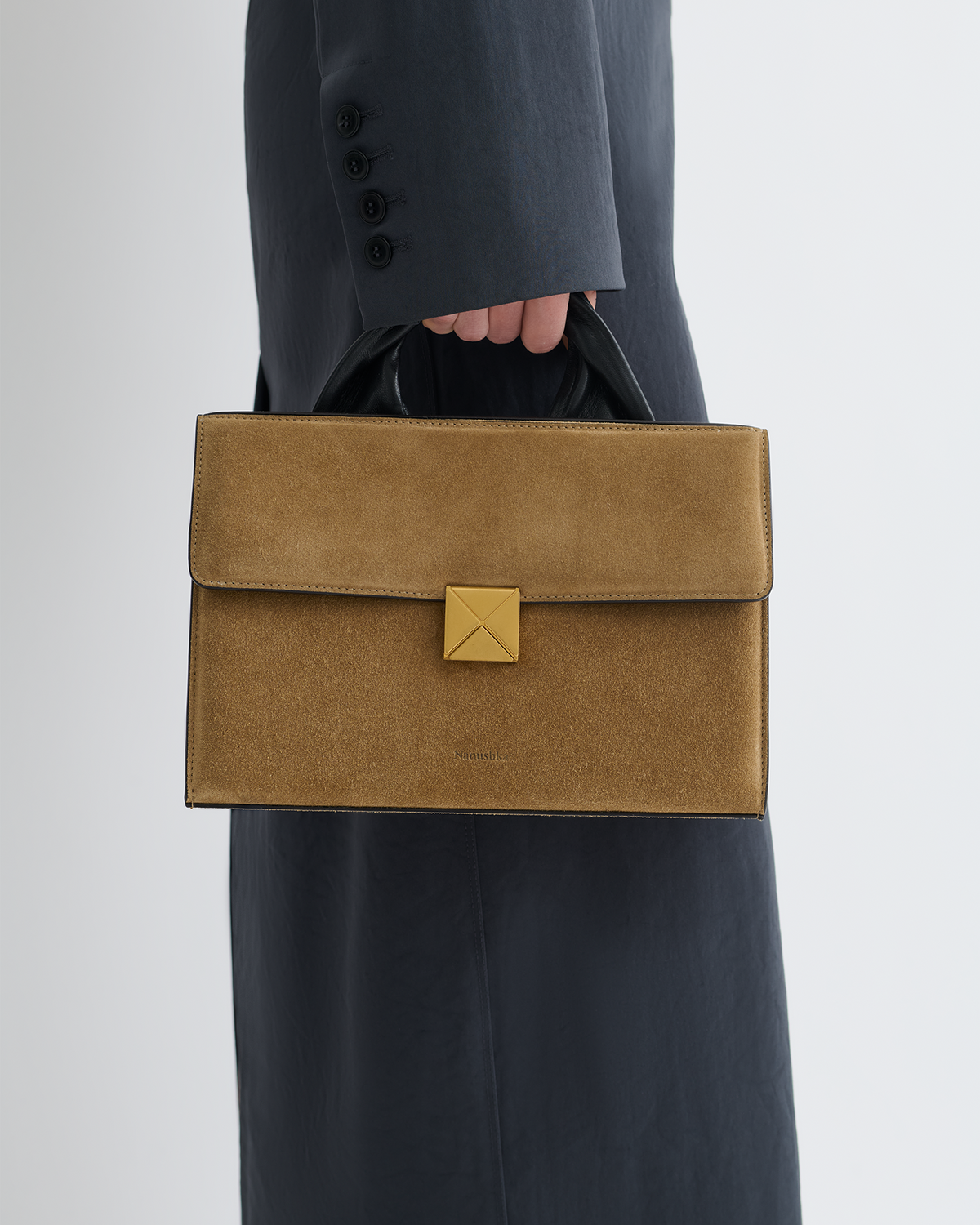 The SANDI Lock Top handle bag - Brown Suede | Nanushka