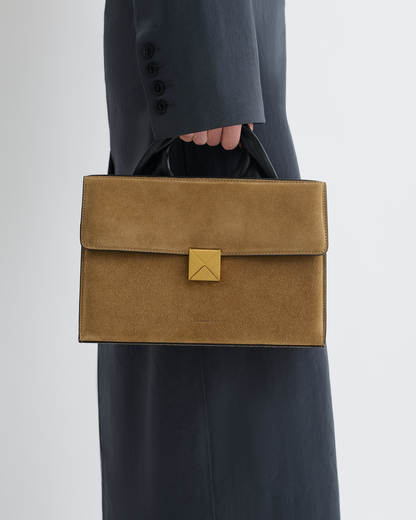 The SANDI Lock Top handle bag - Brown Suede | Nanushka