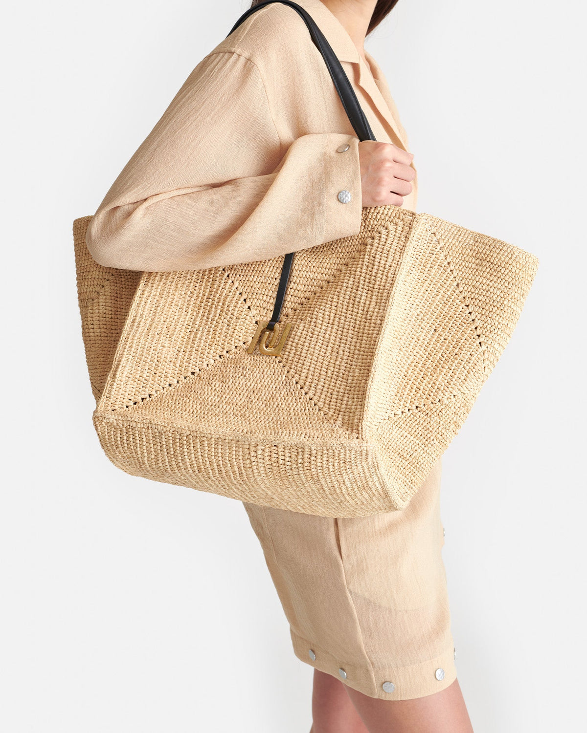 Origami Tote Large Raffia charm tote - Natural/Black | Nanushka