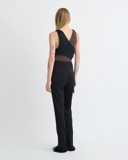 Neca Mesh Jersey/Slip Satin Sleeveless Top - Dark Oak/Black | Nanushka