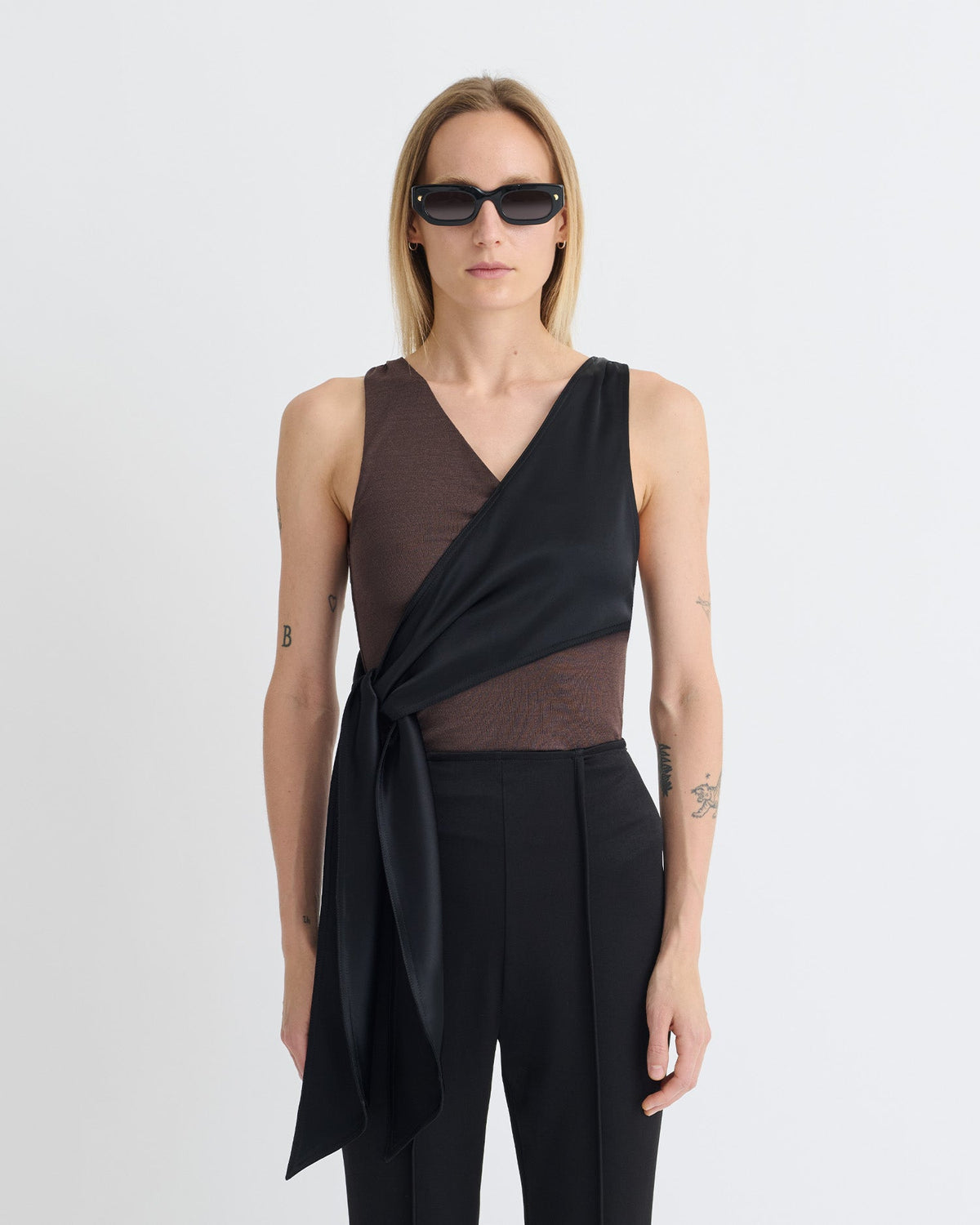 Neca Mesh Jersey/Slip Satin Sleeveless Top - Dark Oak/Black | Nanushka