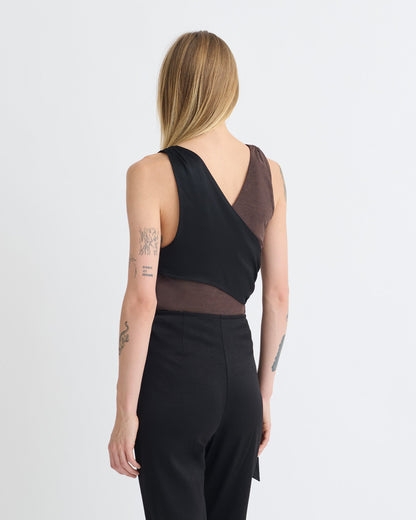 Neca Mesh Jersey/Slip Satin Sleeveless Top - Dark Oak/Black | Nanushka