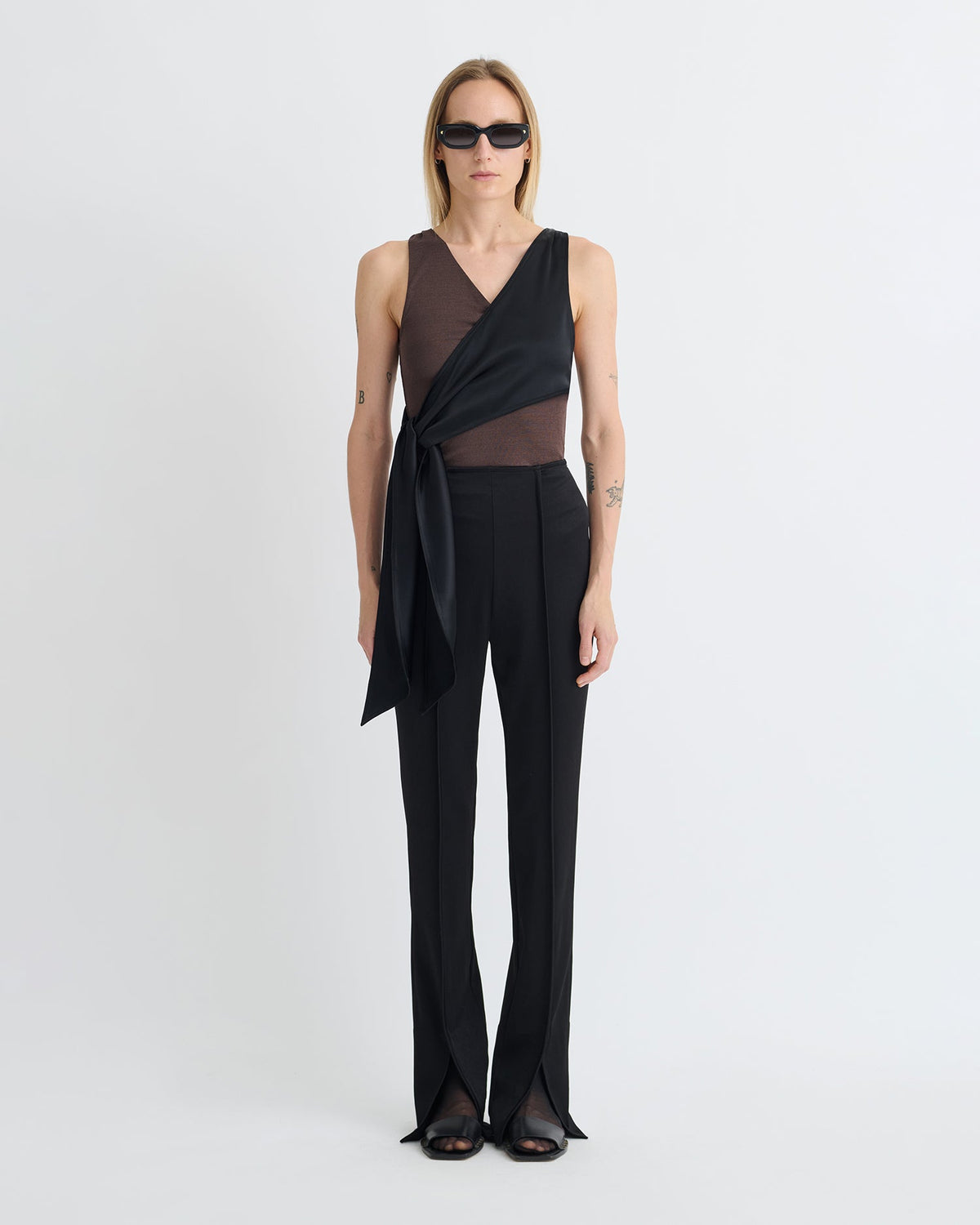 Neca Mesh Jersey/Slip Satin Sleeveless Top - Dark Oak/Black | Nanushka