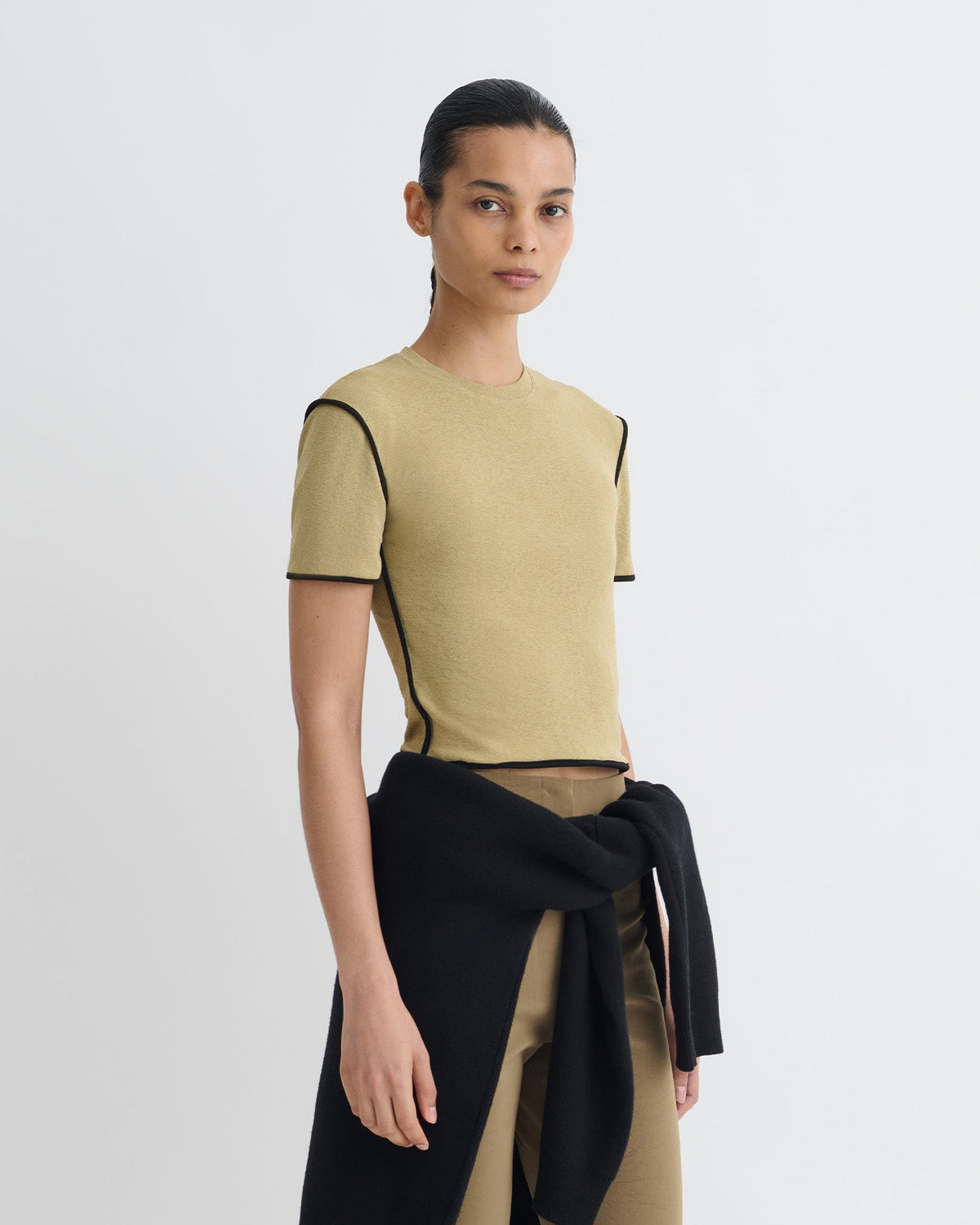 Sabelle Cropped Mesh Jersey T-Shirt - Sand/Anthracite | Nanushka