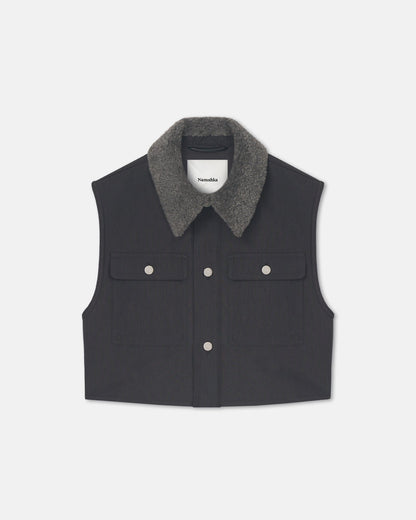 Zalina Wax Cotton and Faux Shearling Vest - Graphite | Nanushka