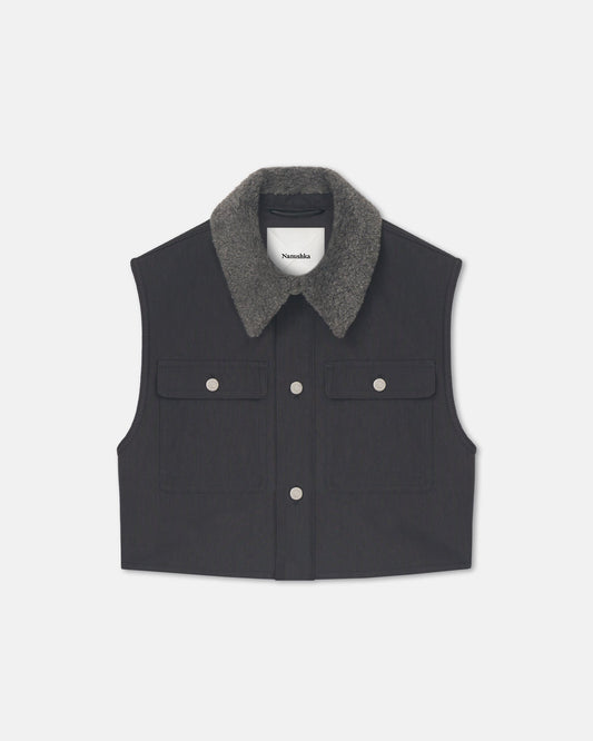 Zalina Wax Cotton and Faux Shearling Vest - Graphite | Nanushka