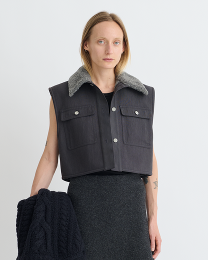 Zalina Wax Cotton and Faux Shearling Vest - Graphite | Nanushka