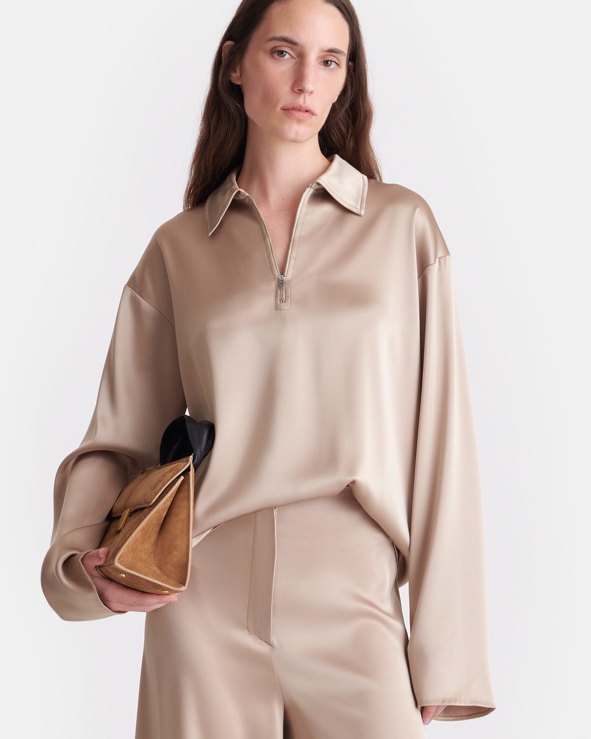 Mencia Slip Satin Polo-Neck Top - Dune | Nanushka