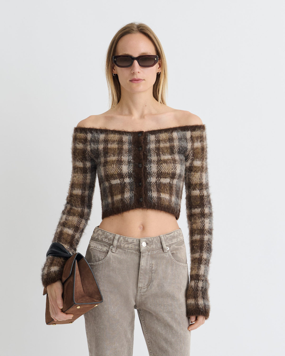 Liliah Brushed Alpaca Cardigan - Brown/Creme Check | Nanushka
