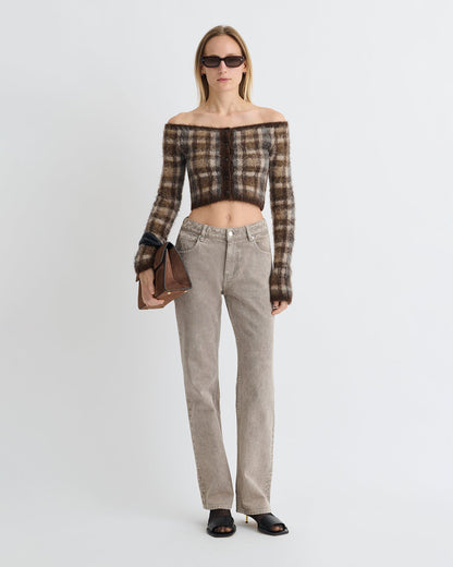 Liliah Brushed Alpaca Cardigan - Brown/Creme Check | Nanushka
