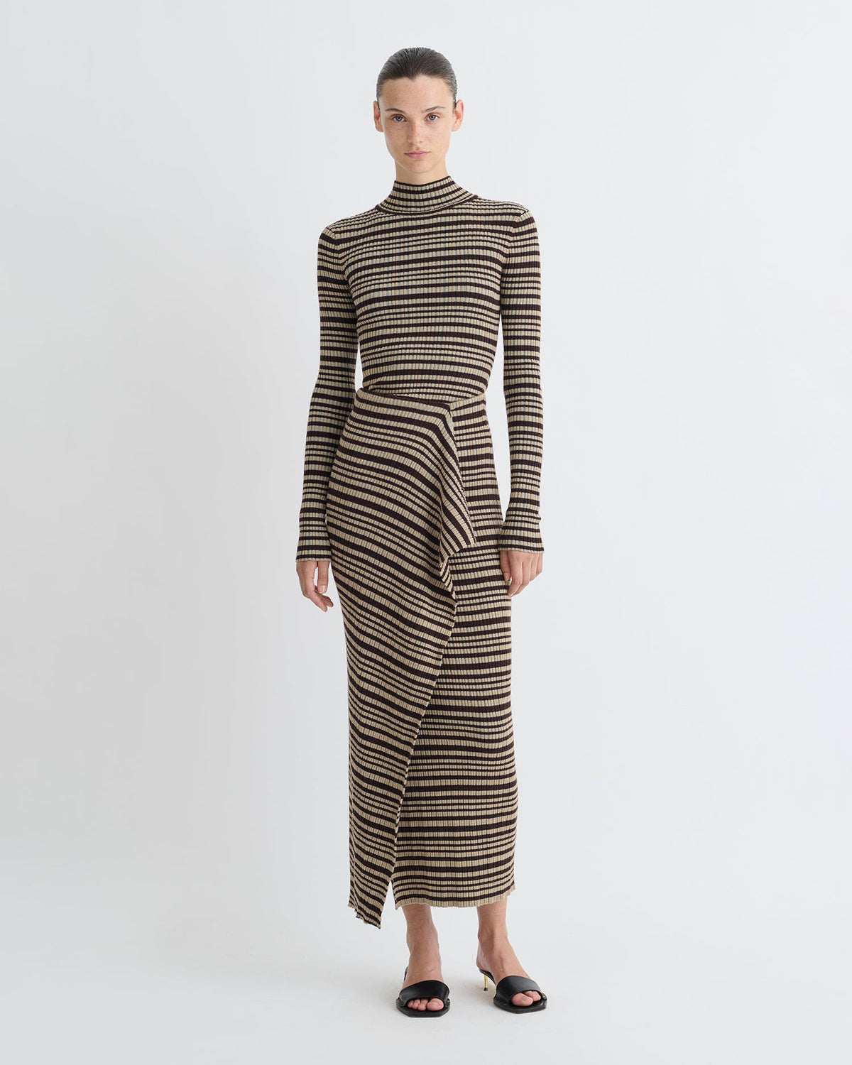 Nitsa Fine Merino Rib Mid-Length Skirt - Black/Brown/Green Stripe | Nanushka