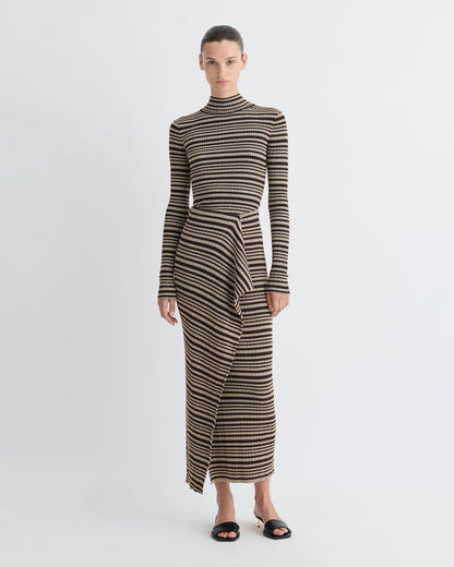 Nitsa Fine Merino Rib Mid-Length Skirt - Black/Brown/Green Stripe | Nanushka