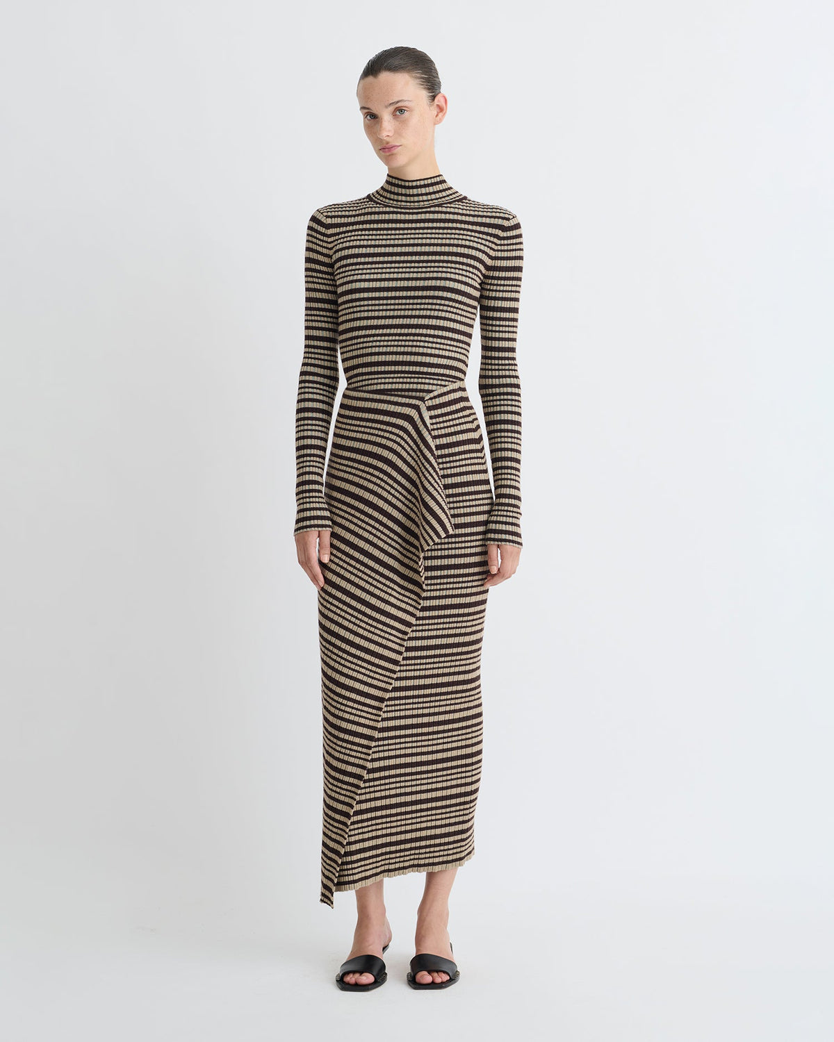 Nitsa Fine Merino Rib Mid-Length Skirt - Black/Brown/Green Stripe | Nanushka