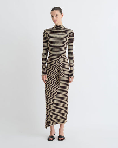 Nitsa Fine Merino Rib Mid-Length Skirt - Black/Brown/Green Stripe | Nanushka