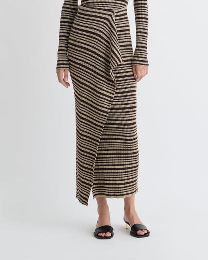 Nitsa Fine Merino Rib Mid-Length Skirt - Black/Brown/Green Stripe | Nanushka