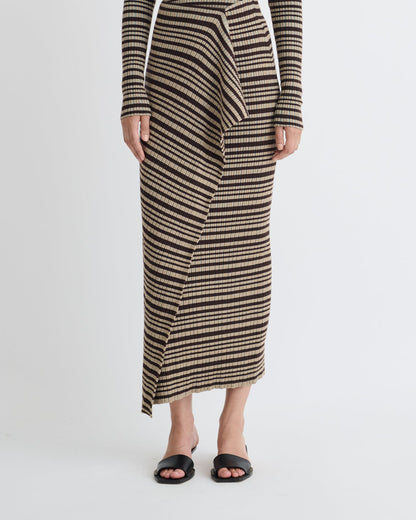 Nitsa Fine Merino Rib Mid-Length Skirt - Black/Brown/Green Stripe | Nanushka