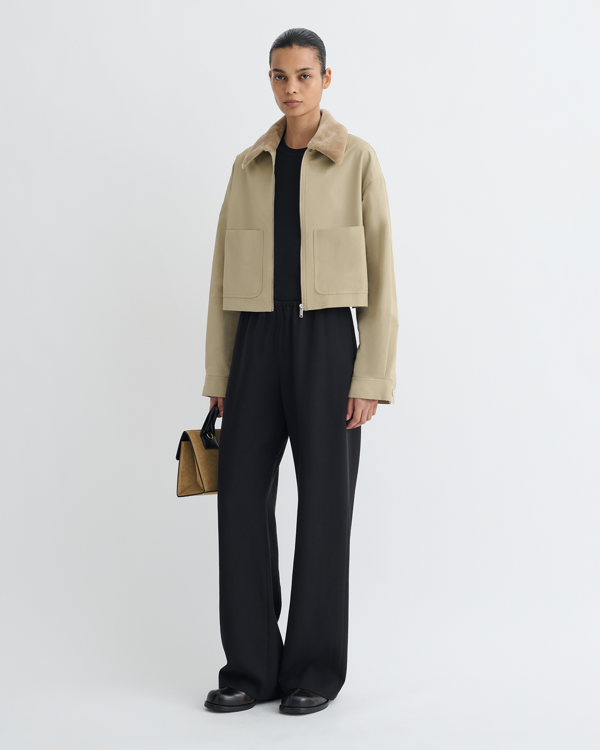 Phebe Cropped Tech Twill and Faux Fur Jacket - Pebble/Beige | Nanushka