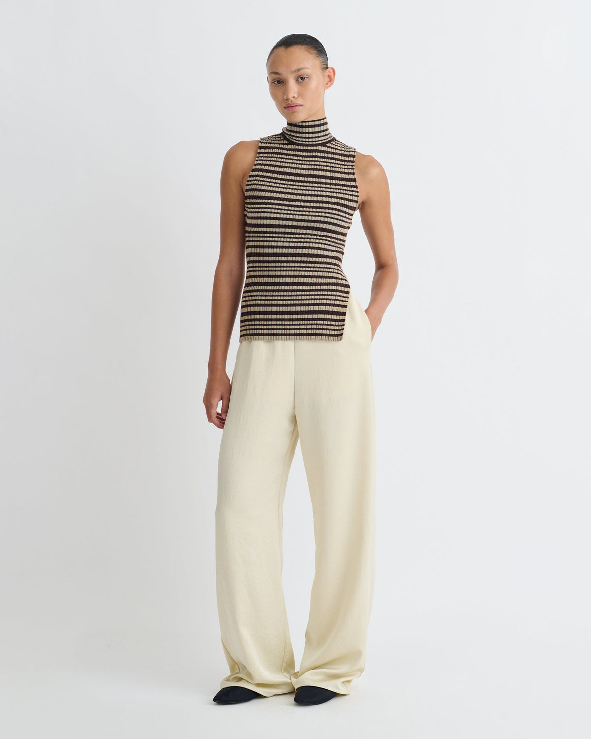 Liezel Fine Merino Rib Sleeveless Top - Black/Brown/Green Stripe | Nanushka