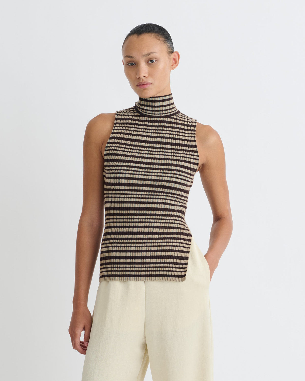 Liezel Fine Merino Rib Sleeveless Top - Black/Brown/Green Stripe | Nanushka