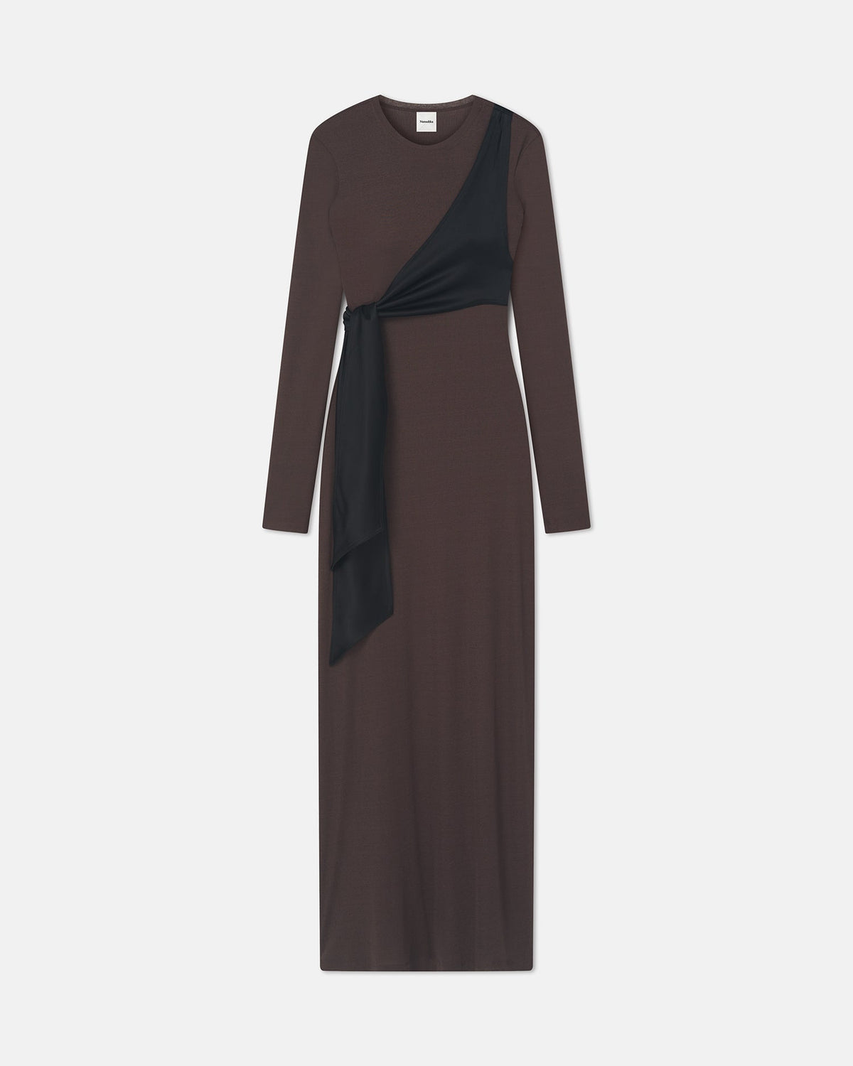 Yura Mesh Jersey/Slip Satin Long Dress - Dark Oak/Black | Nanushka