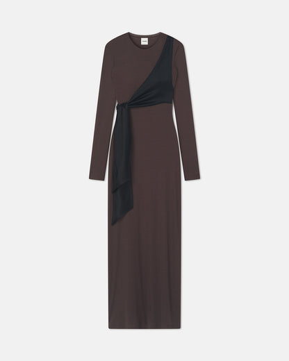 Yura Mesh Jersey/Slip Satin Long Dress - Dark Oak/Black | Nanushka
