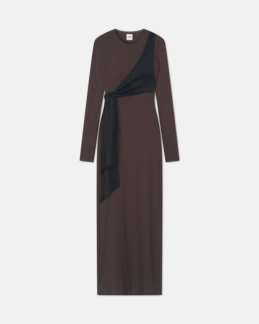 Yura Mesh Jersey/Slip Satin Long Dress - Dark Oak/Black | Nanushka
