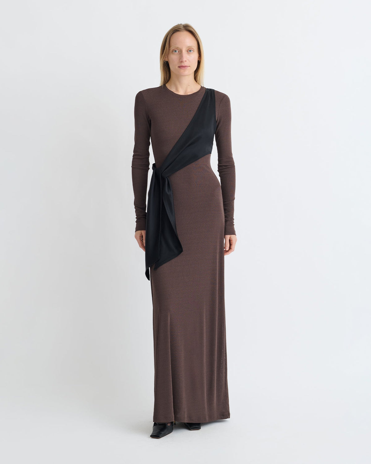Yura Mesh Jersey/Slip Satin Long Dress - Dark Oak/Black | Nanushka