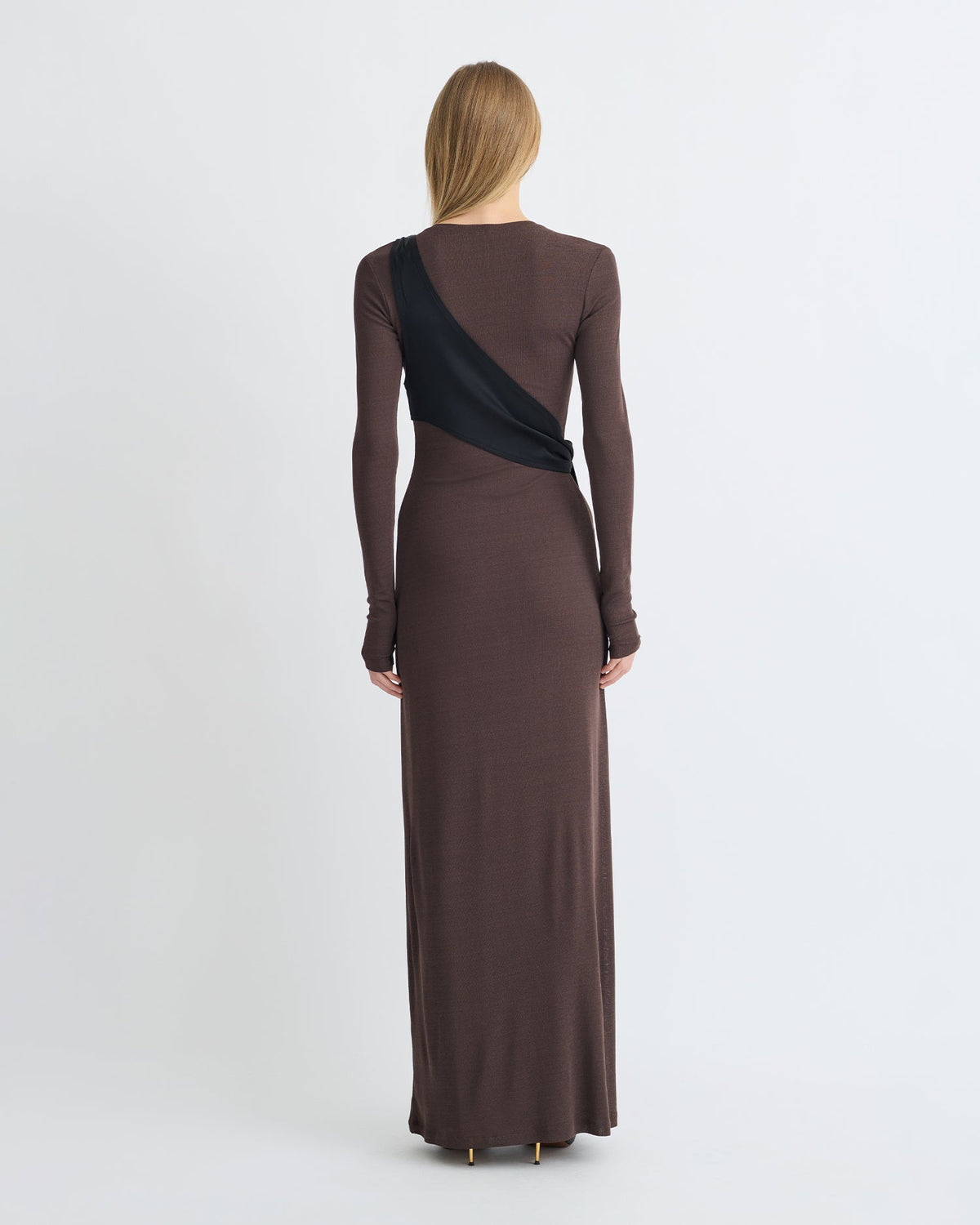 Yura Mesh Jersey/Slip Satin Long Dress - Dark Oak/Black | Nanushka